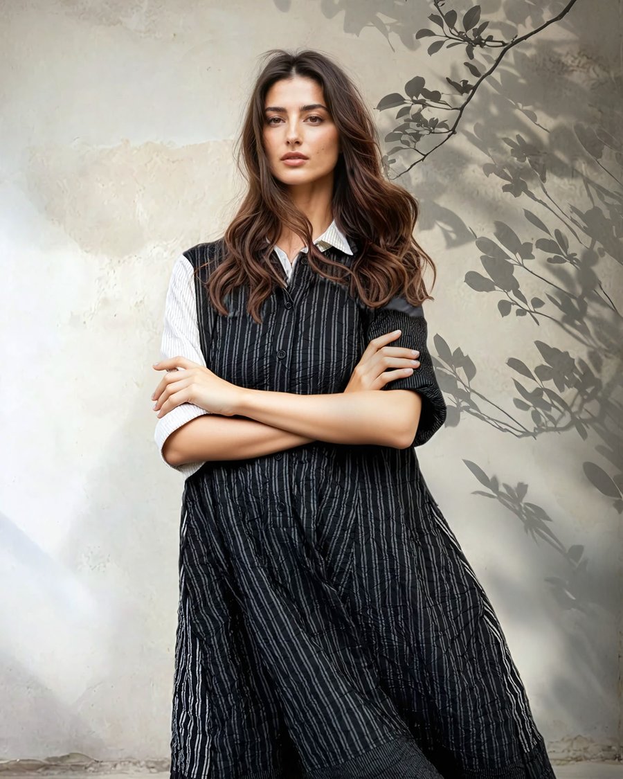Model in black striped shirt dress, arms crossed, against textured wall
