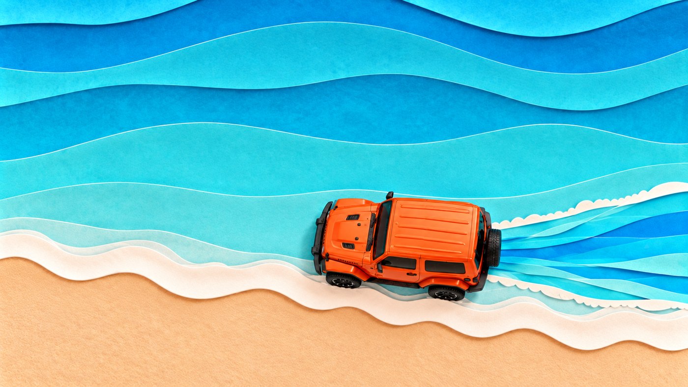 Aerial view of paper-craft Jeep on the beach