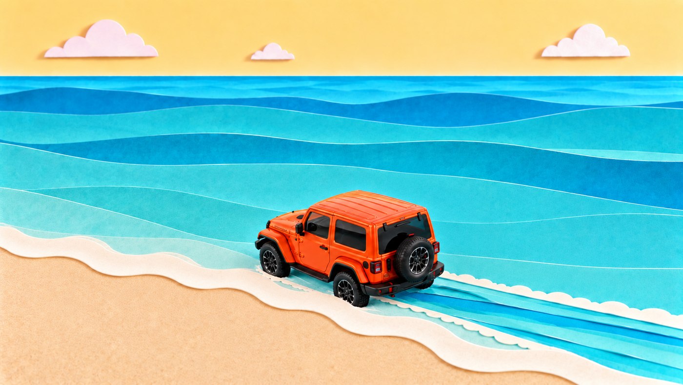 Top-down view of paper-craft Jeep on the beach