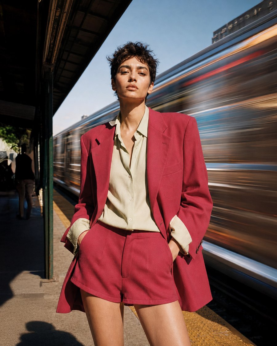 Model in red suit, standing, train platform