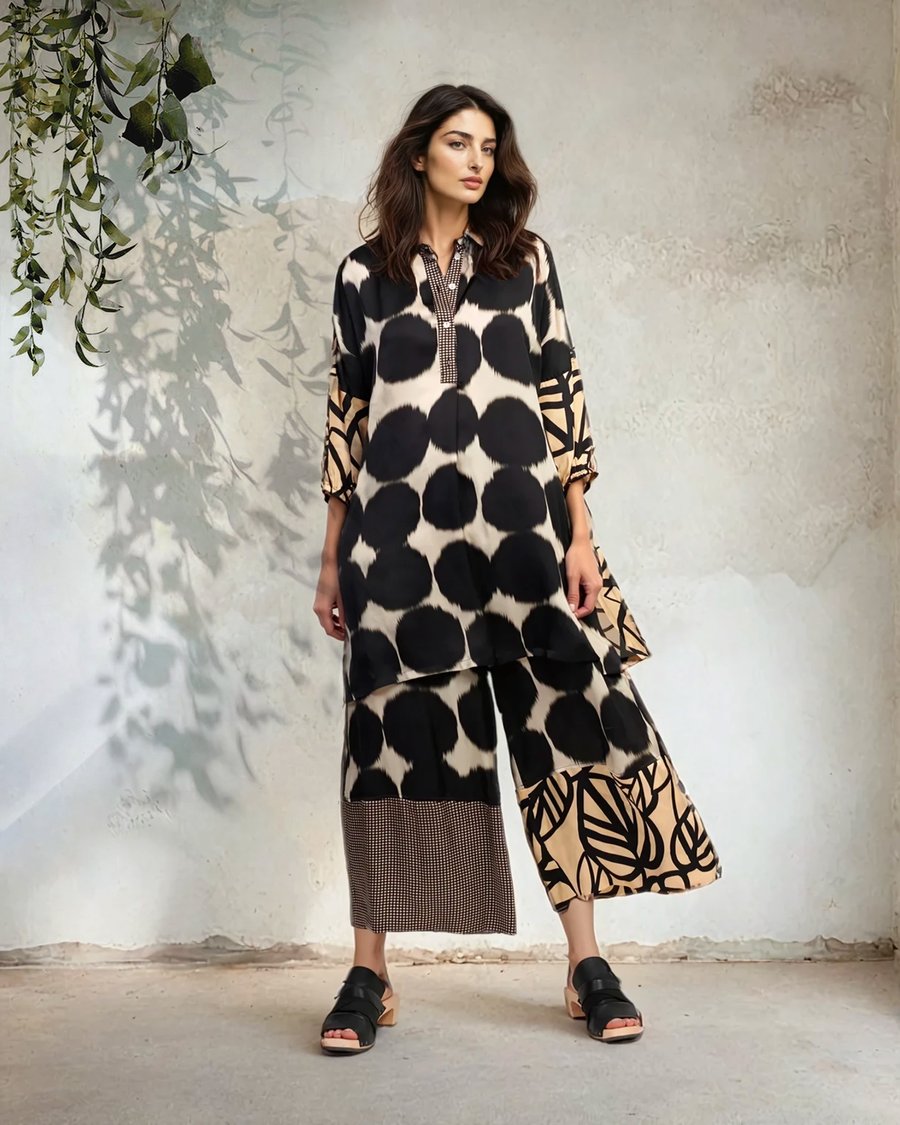 Model in polka dot tunic and matching wide pants