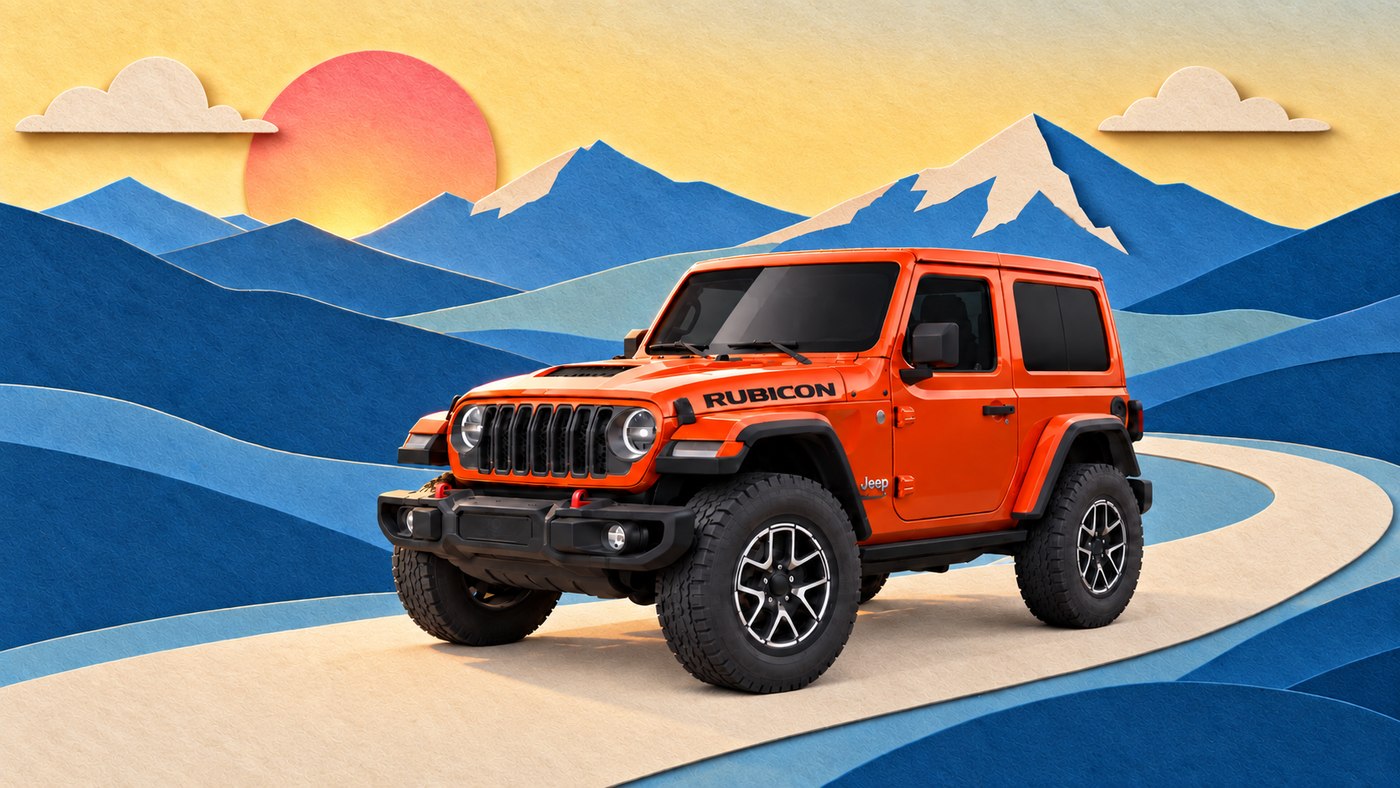 Paper-craft Jeep side view with blue mountains and sun