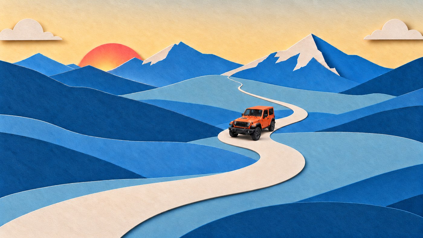 Paper-craft blue mountains with Jeep and sun