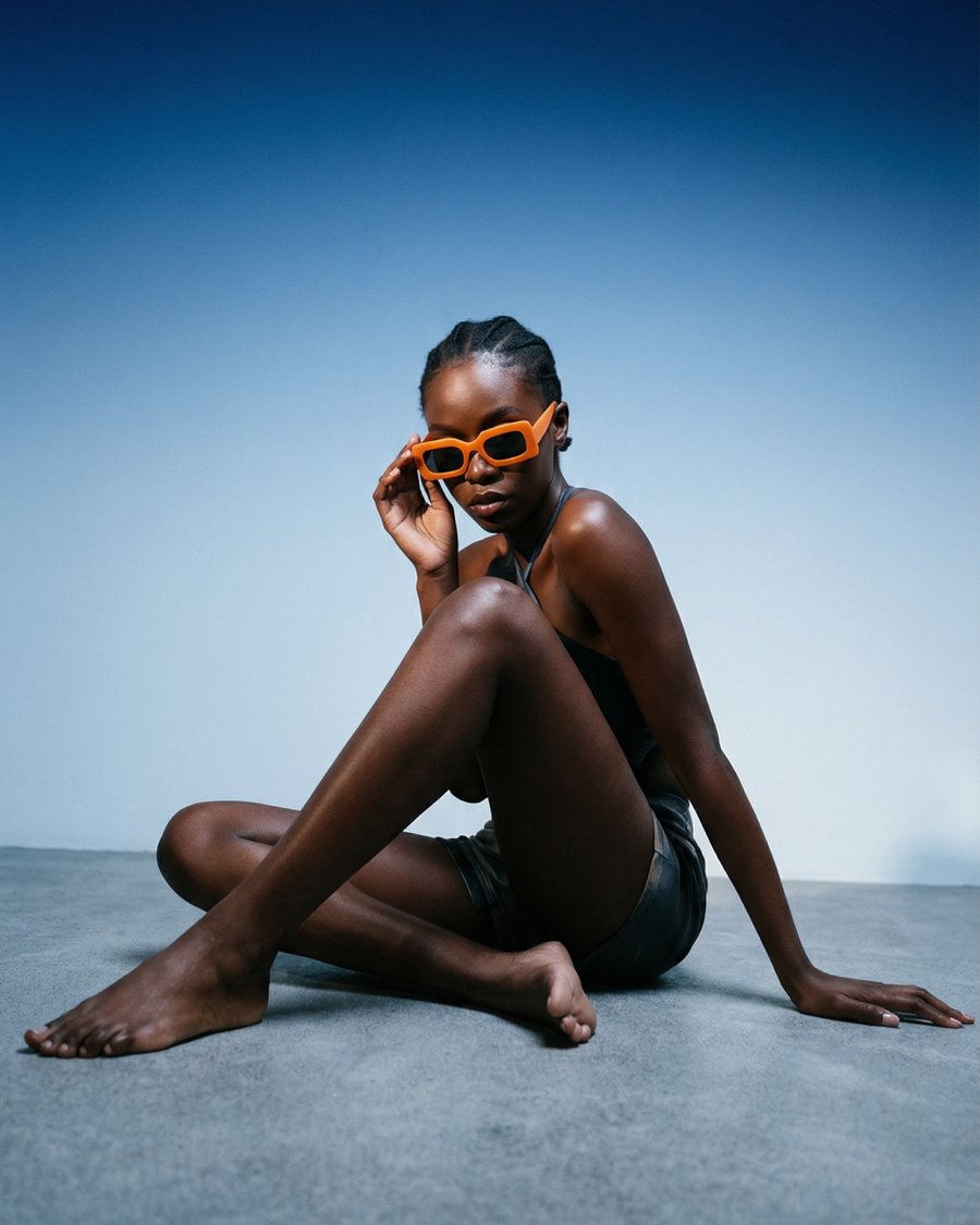 Model wearing orange sunglasses, seated