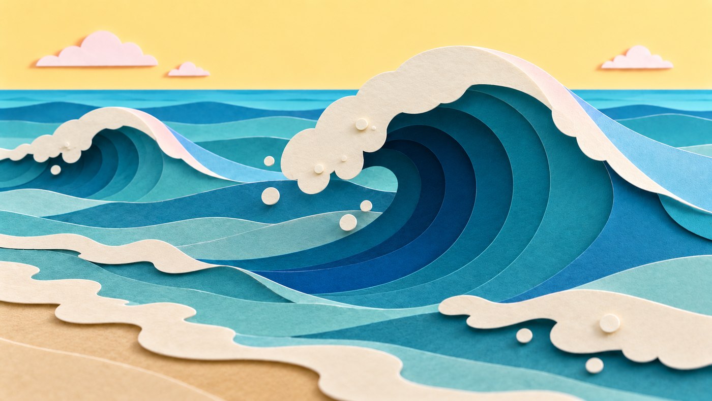 Paper-craft ocean wave scene