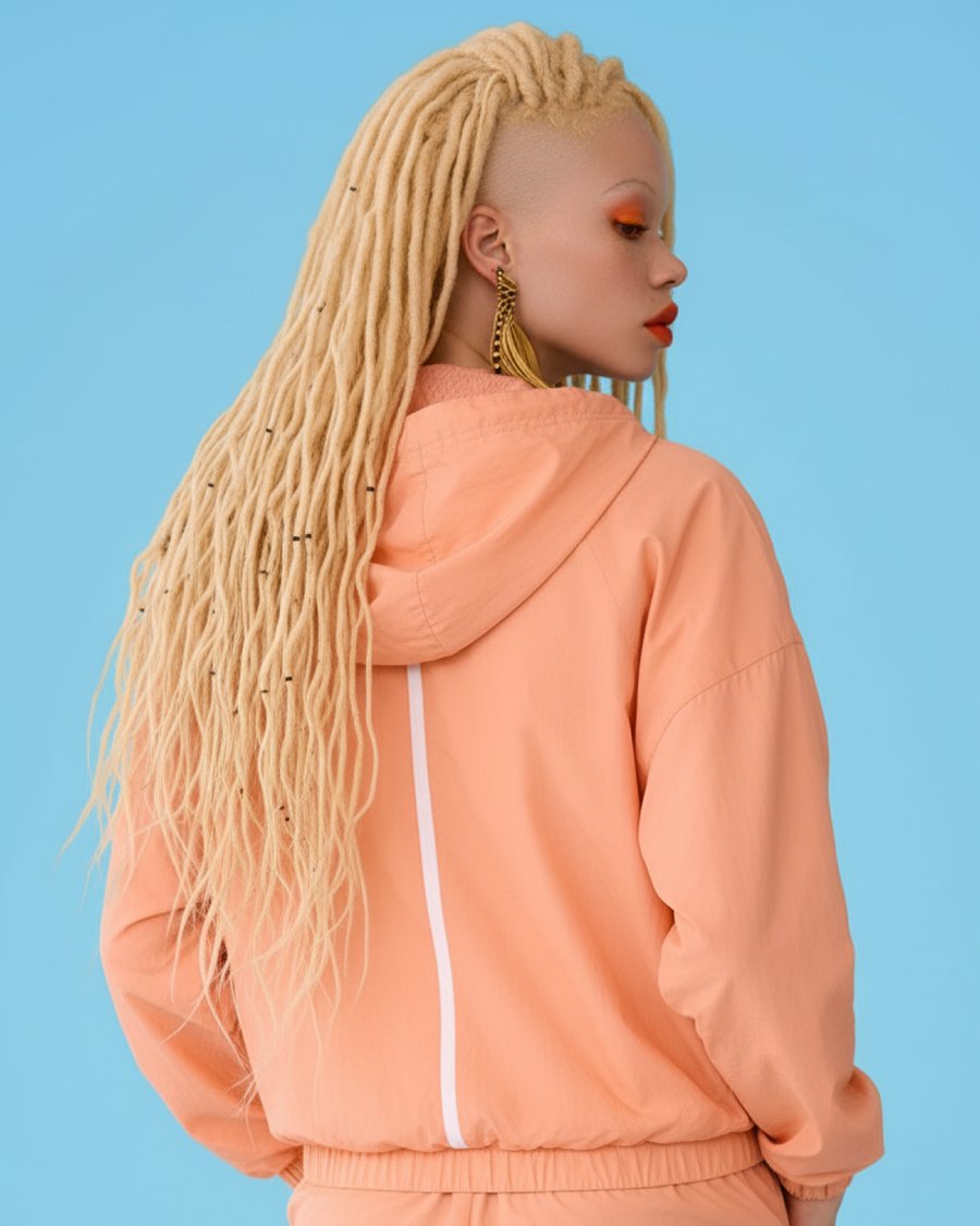 Model in orange jacket, back view