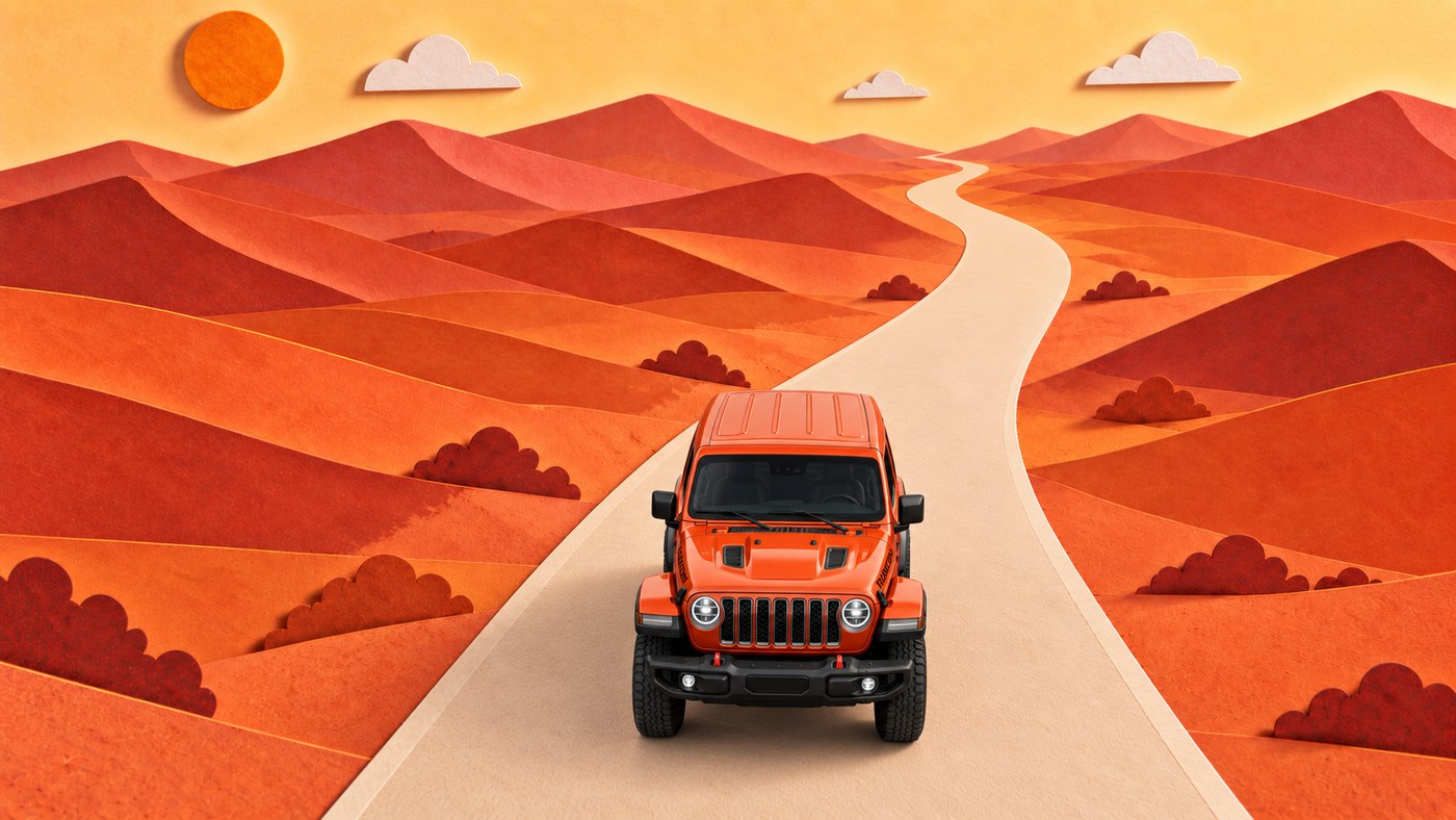 Paper-craft Jeep front view in the desert