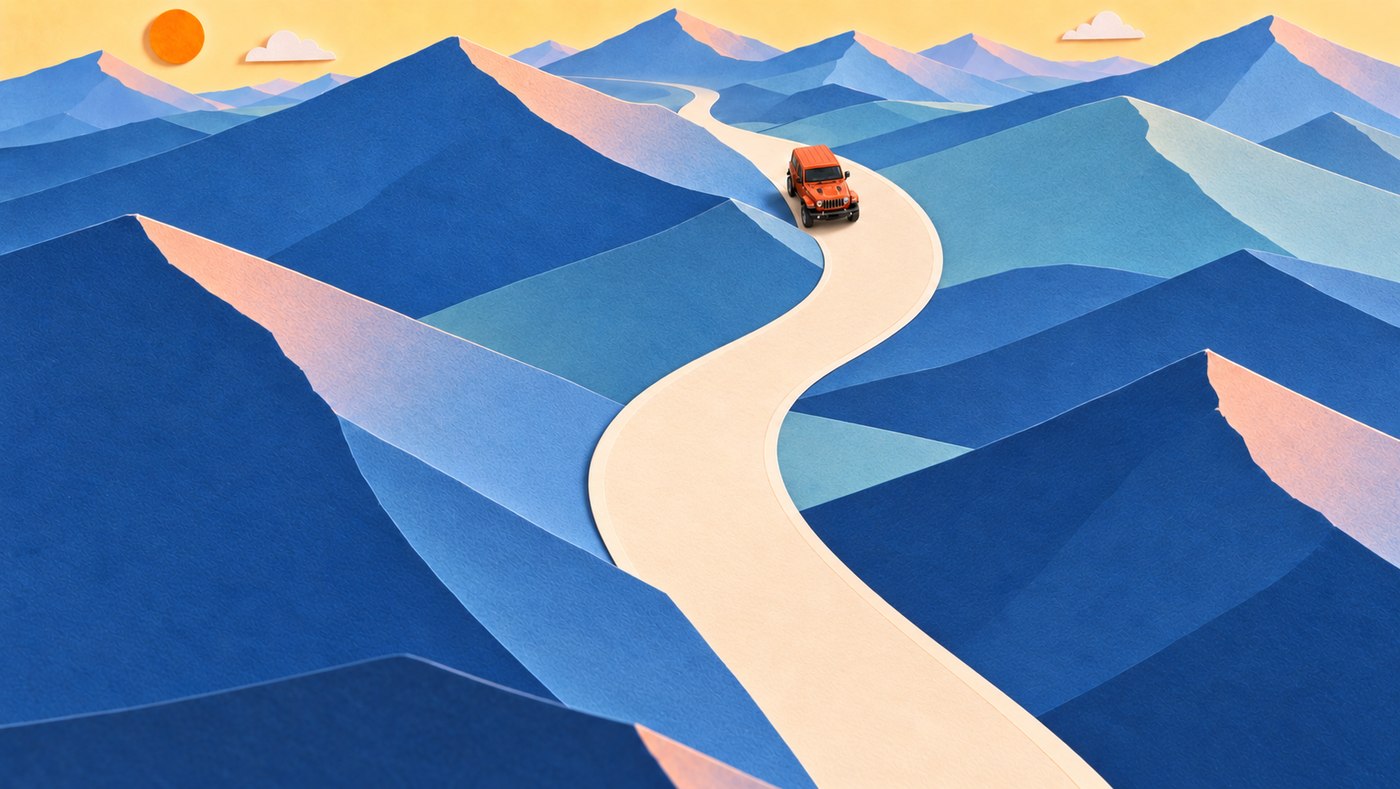 Aerial view of paper-craft blue mountains with Jeep
