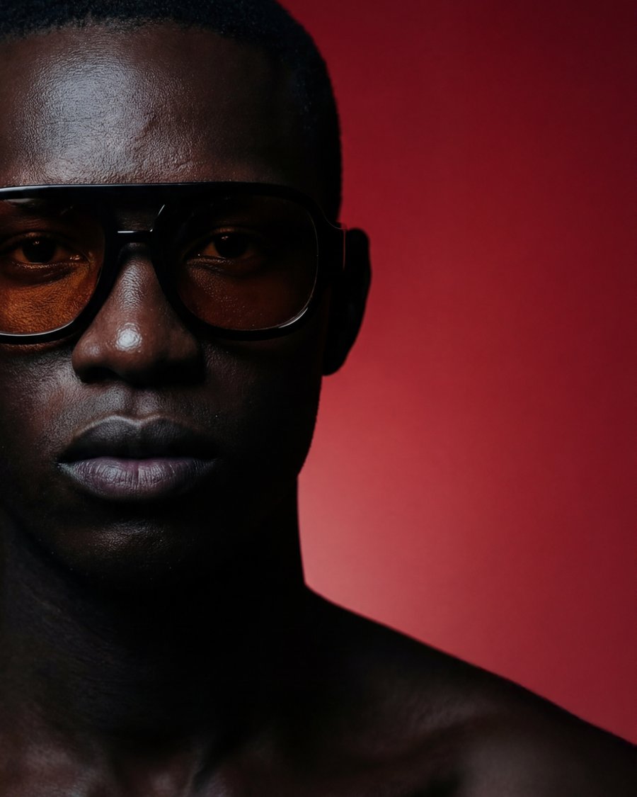 Model wearing tinted glasses, close crop