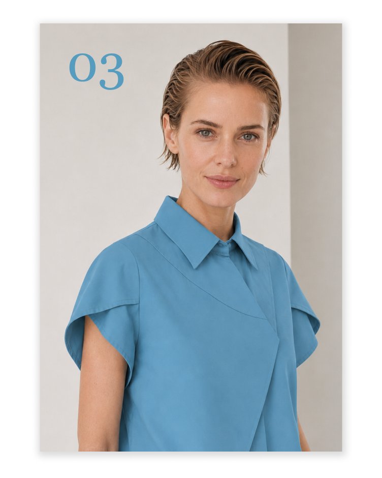 MORPHÉ catalog — page 5, blue asymmetric shirt detail