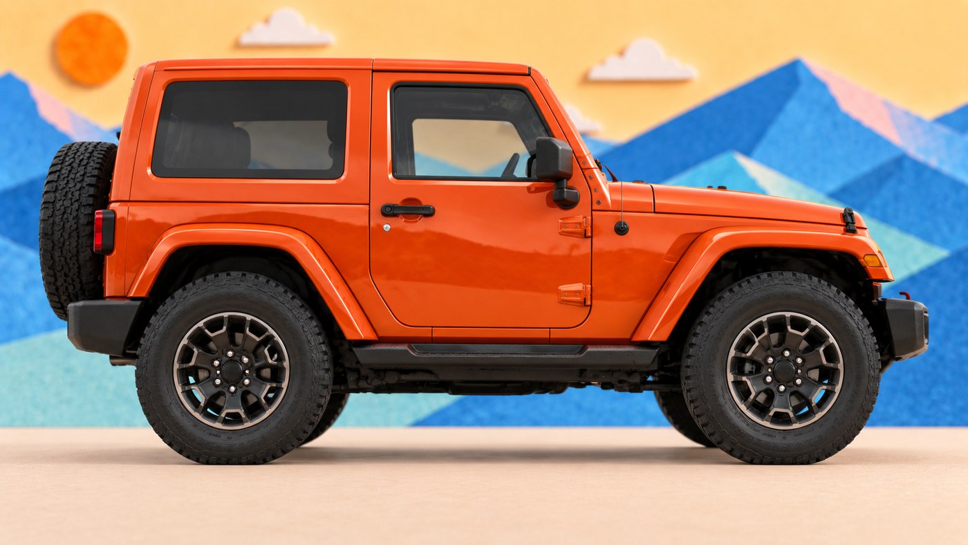 Paper-craft Jeep side profile against blue mountains