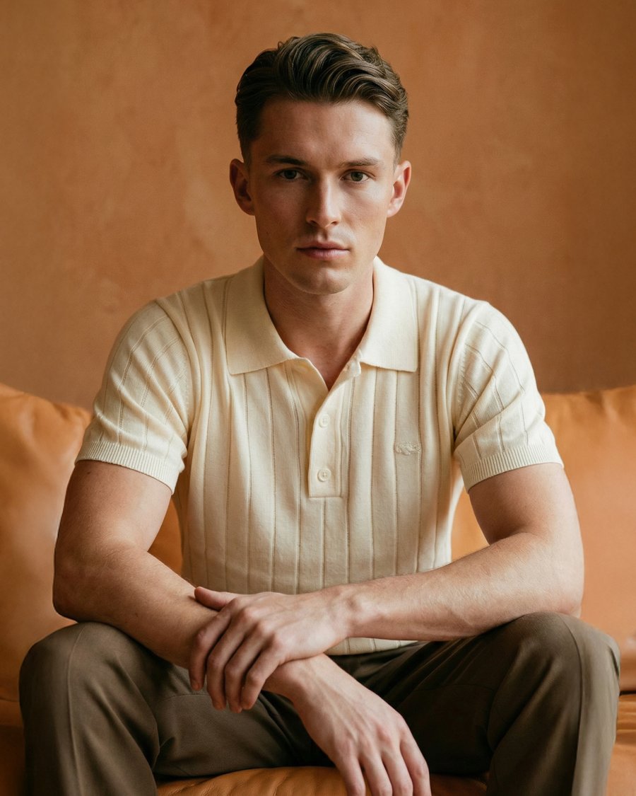 Model in cream knit polo, portrait