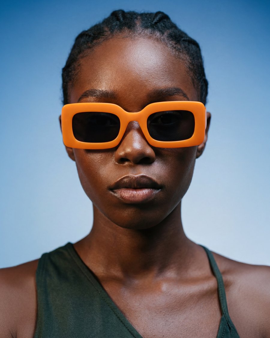 Model wearing orange sunglasses, portrait